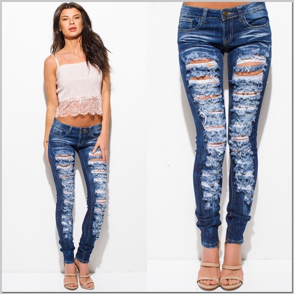 NEW Low-Rise Destroyed Denim Skinny Jeans - Picture 2 of 4